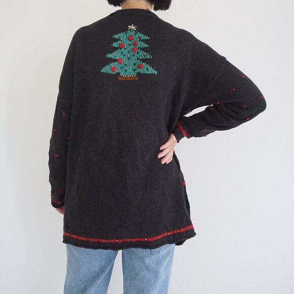 Vintage Valerie Stevens Christmas Sweater Patchwork Tree Reindeer Angel Knit M - Picture 2 of 11
